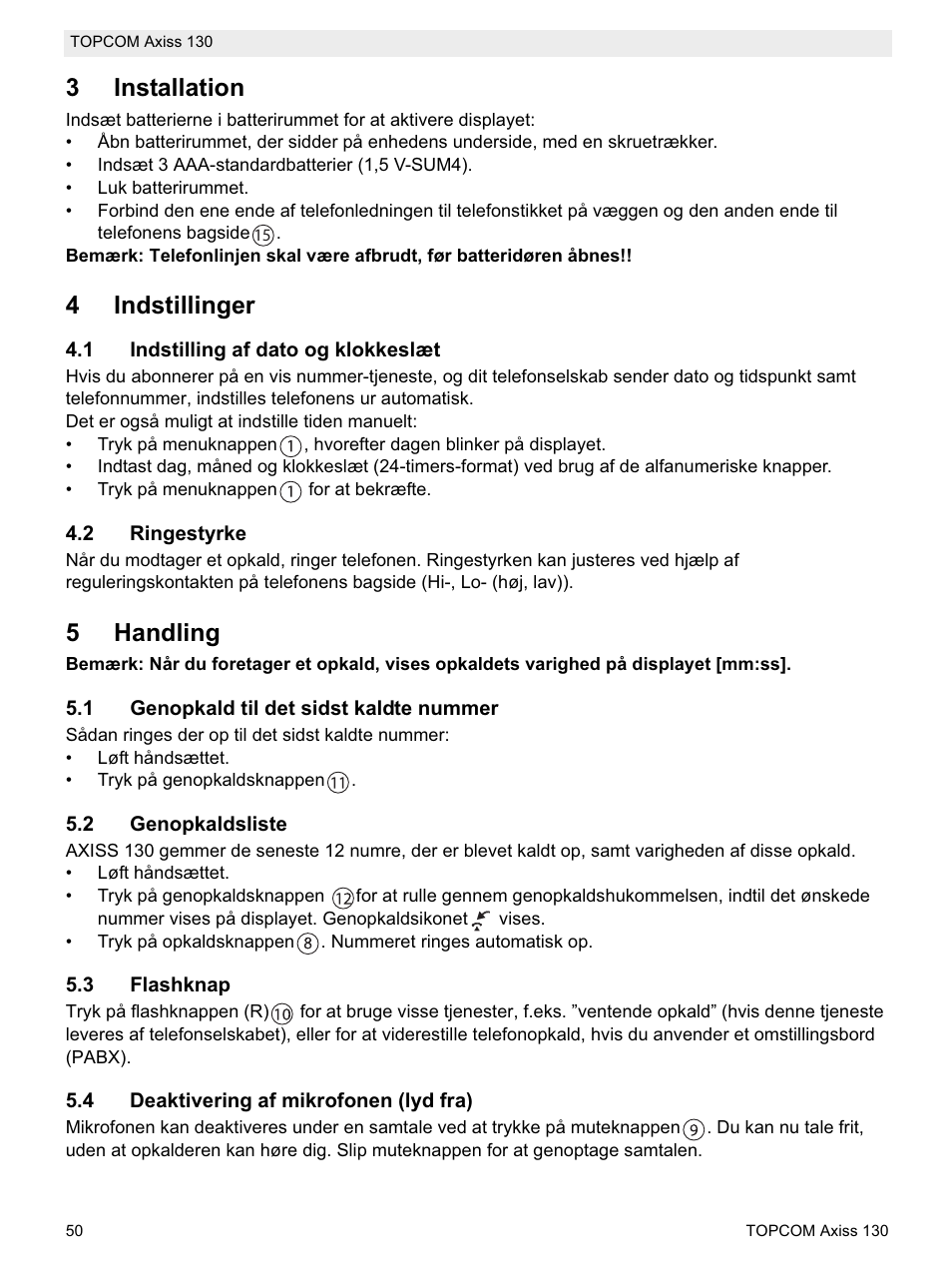 3installation, 4indstillinger, 5handling | Topcom AXISS 130 User Manual | Page 50 / 76