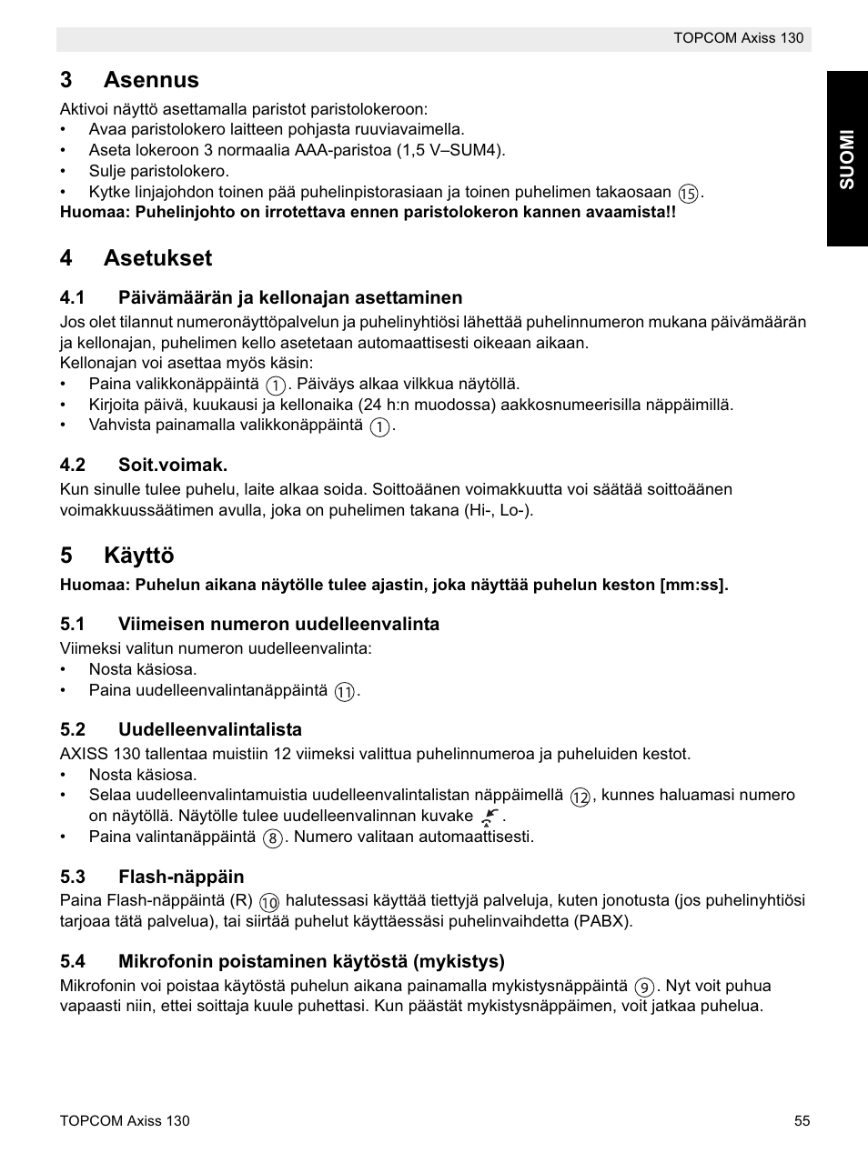 3asennus, 4asetukset, 5käyttö | Topcom AXISS 130 User Manual | Page 55 / 76