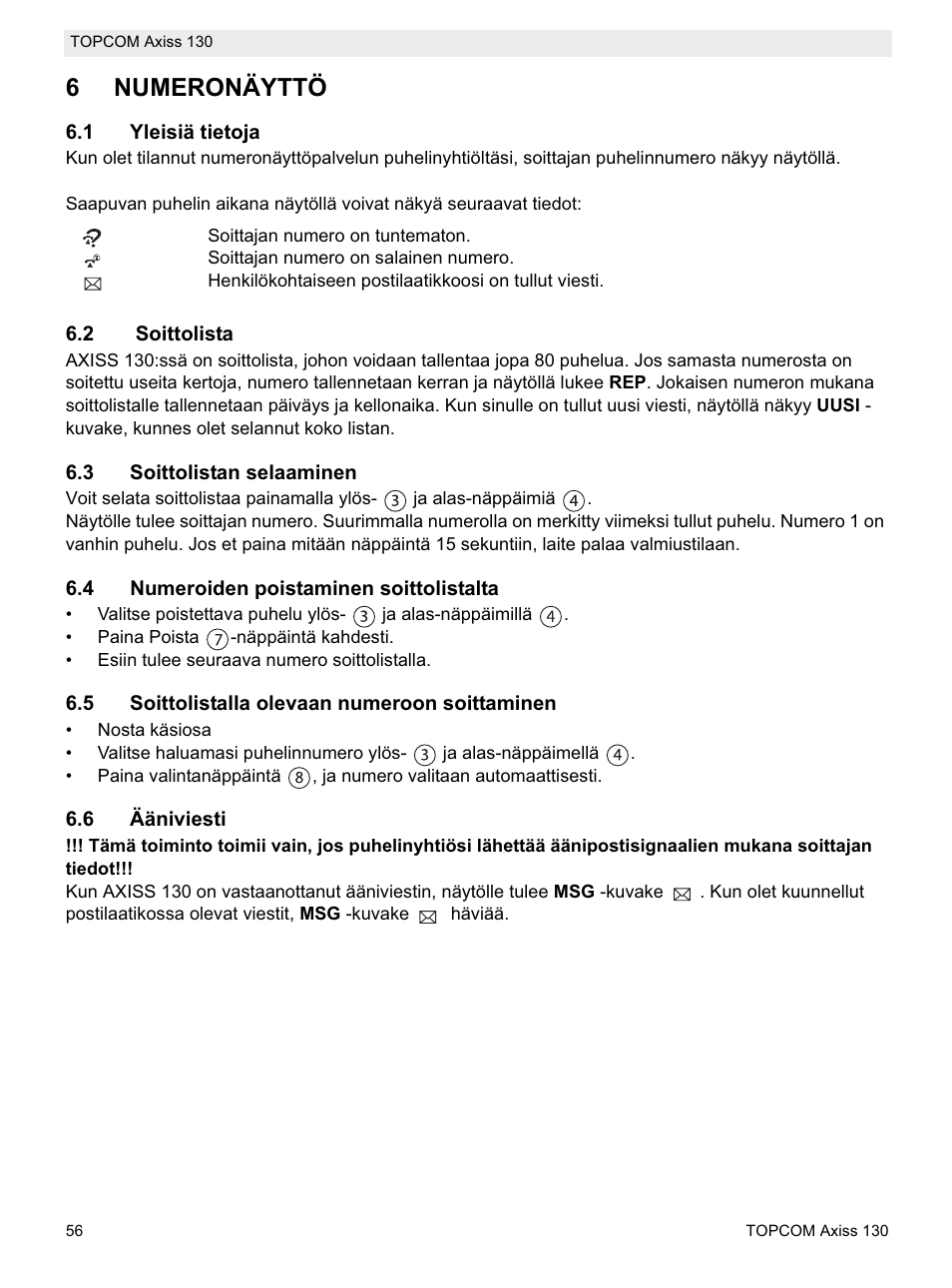 6numeronäyttö | Topcom AXISS 130 User Manual | Page 56 / 76