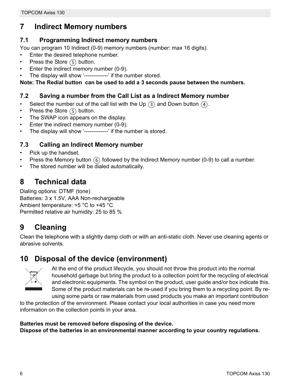 8technical data, 9cleaning, 10 disposal of the device (environment) | Topcom AXISS 130 User Manual | Page 6 / 76