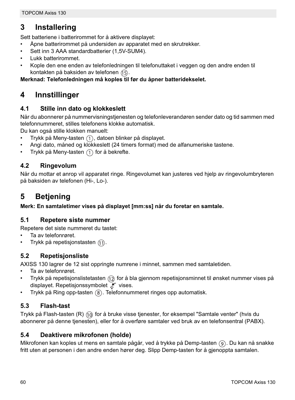 3installering, 4innstillinger, 5betjening | Topcom AXISS 130 User Manual | Page 60 / 76