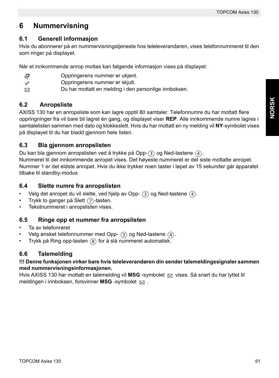 6nummervisning | Topcom AXISS 130 User Manual | Page 61 / 76