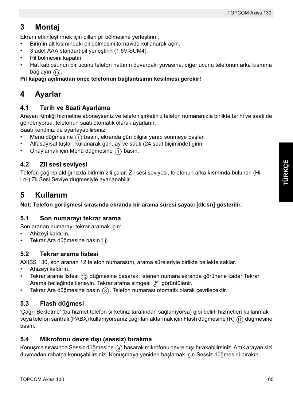 3montaj, 4ayarlar, 5kullanõm | Topcom AXISS 130 User Manual | Page 65 / 76