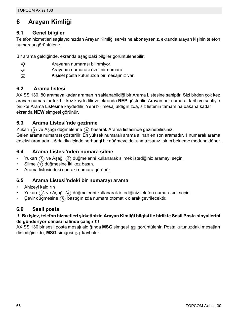 6arayan kimli÷i | Topcom AXISS 130 User Manual | Page 66 / 76