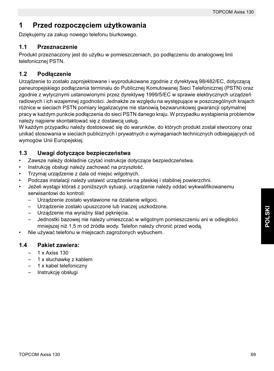 1przed rozpoczċciem uīytkowania | Topcom AXISS 130 User Manual | Page 69 / 76