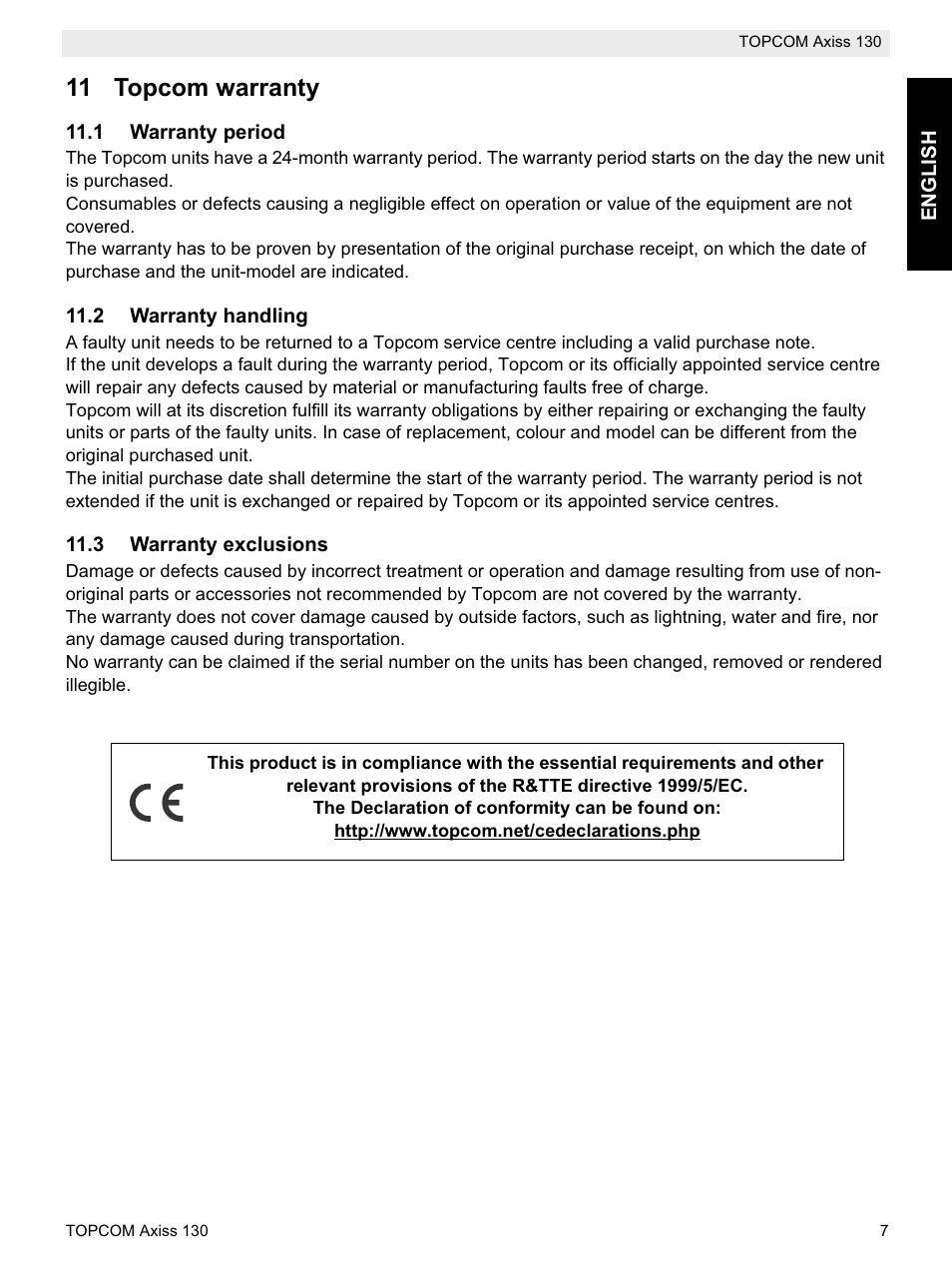 11 topcom warranty | Topcom AXISS 130 User Manual | Page 7 / 76