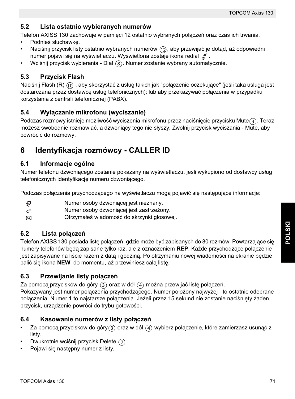 6identyfikacja rozmówcy - caller id | Topcom AXISS 130 User Manual | Page 71 / 76