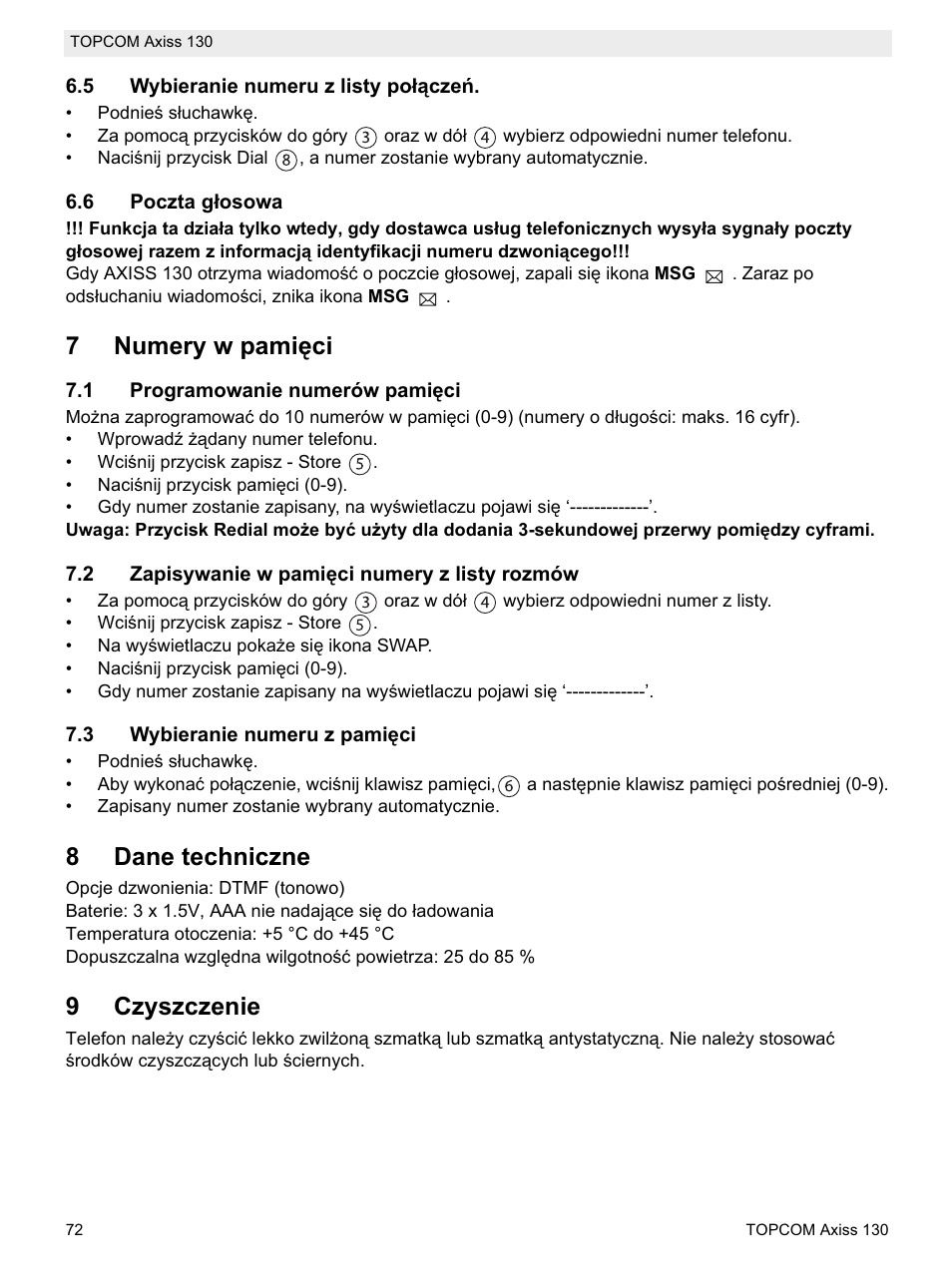 7numery w pamiċci, 8dane techniczne, 9czyszczenie | Topcom AXISS 130 User Manual | Page 72 / 76