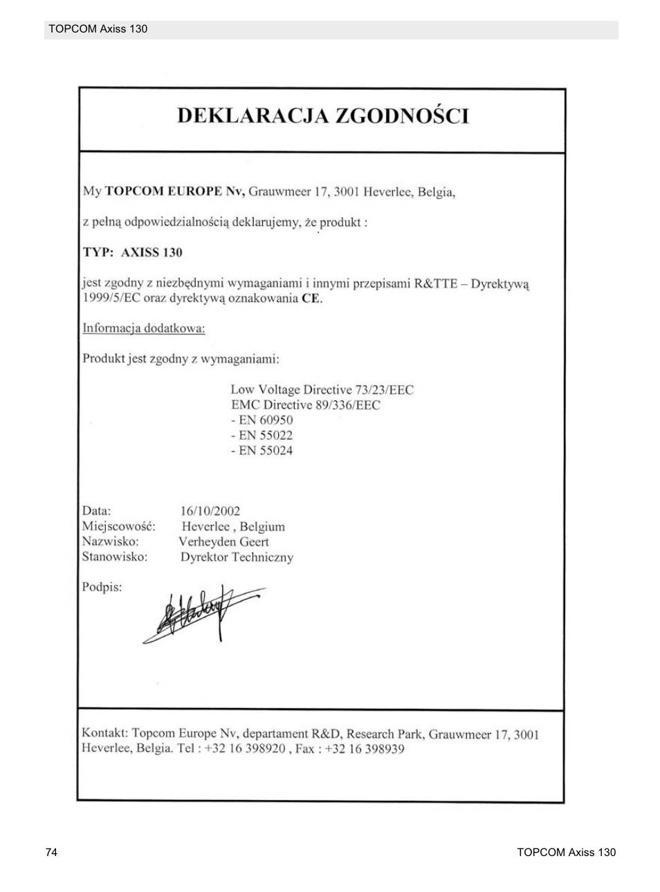 Topcom AXISS 130 User Manual | Page 74 / 76