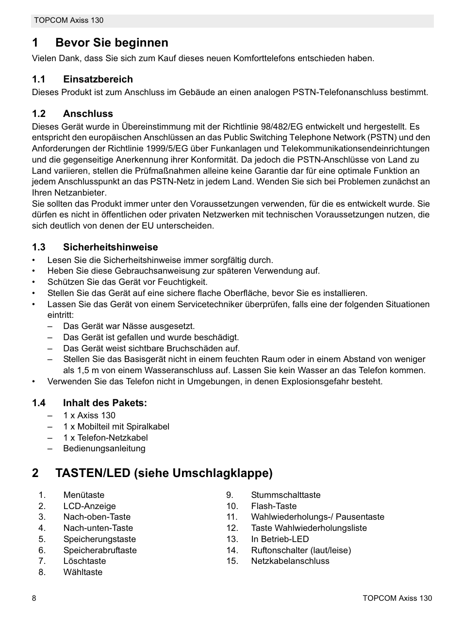 1bevor sie beginnen, 2tasten/led (siehe umschlagklappe) | Topcom AXISS 130 User Manual | Page 8 / 76