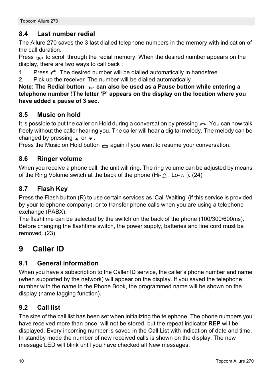 9caller id | Topcom ALLURE 270 User Manual | Page 10 / 88