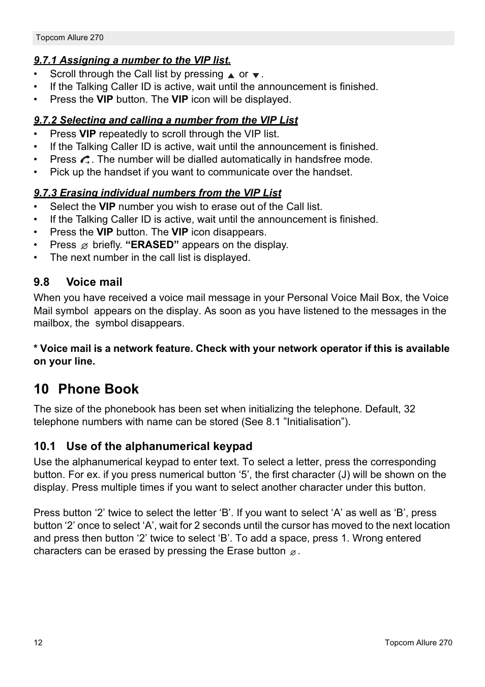 10 phone book | Topcom ALLURE 270 User Manual | Page 12 / 88