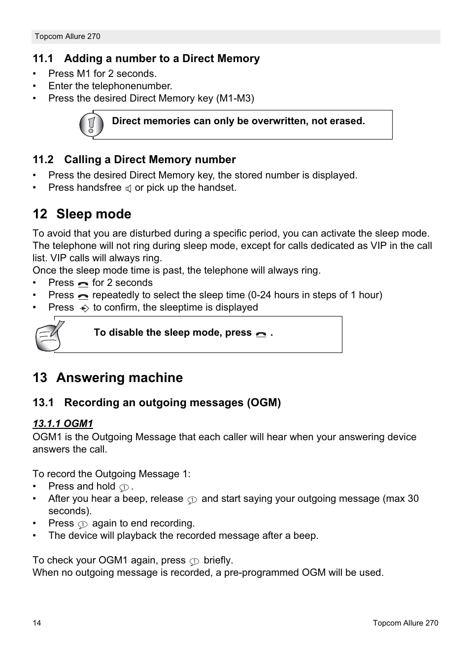 12 sleep mode, 13 answering machine | Topcom ALLURE 270 User Manual | Page 14 / 88