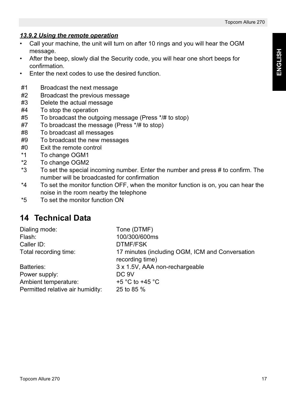 14 technical data | Topcom ALLURE 270 User Manual | Page 17 / 88