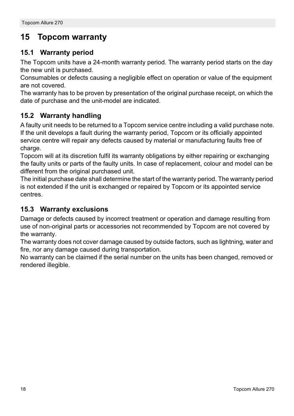 15 topcom warranty | Topcom ALLURE 270 User Manual | Page 18 / 88