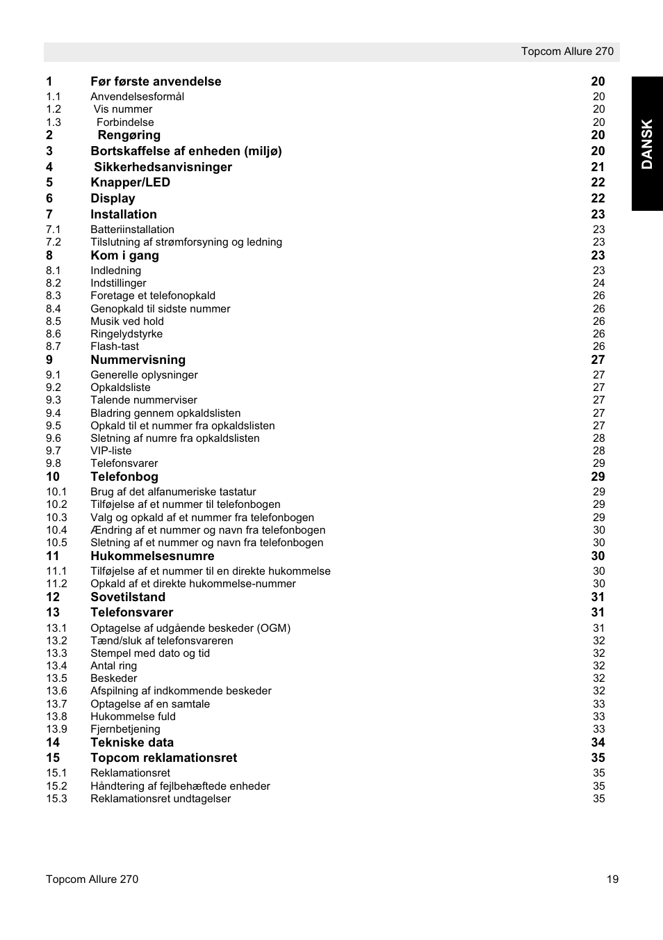 Dansk | Topcom ALLURE 270 User Manual | Page 19 / 88