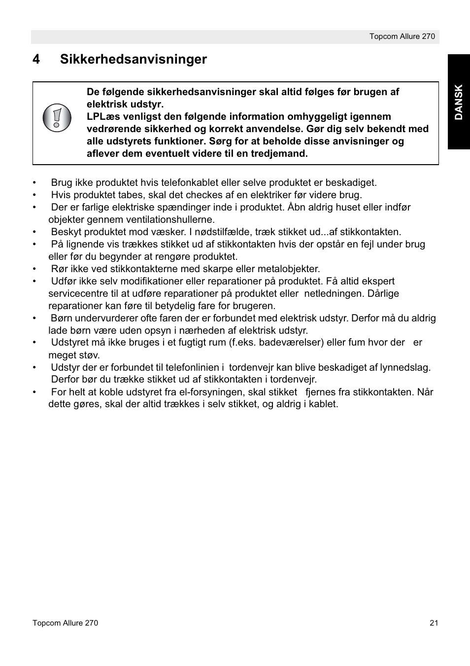 4sikkerhedsanvisninger | Topcom ALLURE 270 User Manual | Page 21 / 88