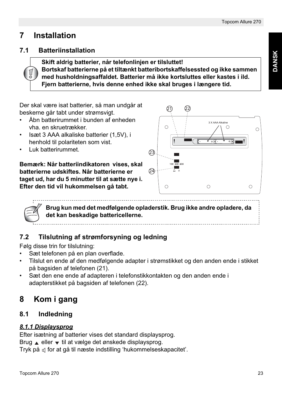 7installation, 8kom i gang | Topcom ALLURE 270 User Manual | Page 23 / 88