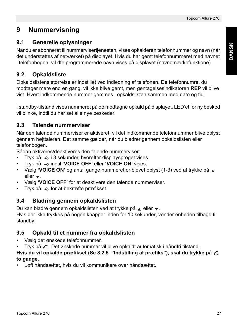 9nummervisning | Topcom ALLURE 270 User Manual | Page 27 / 88