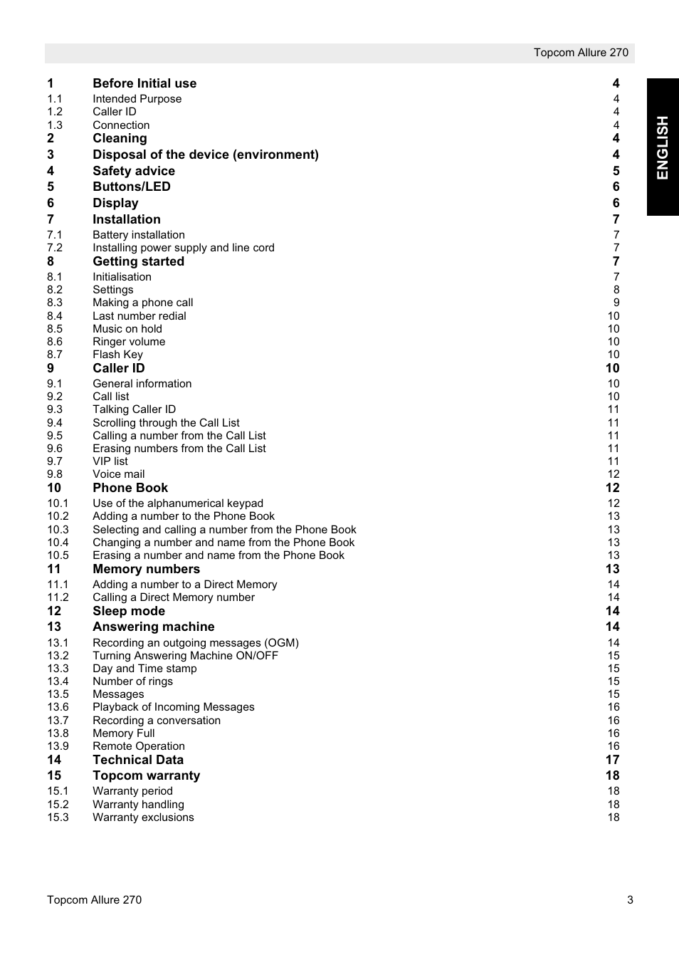 Englis h | Topcom ALLURE 270 User Manual | Page 3 / 88