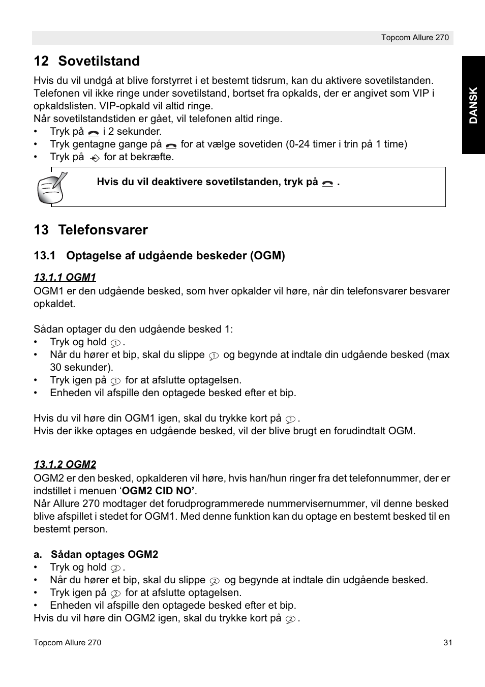 12 sovetilstand, 13 telefonsvarer | Topcom ALLURE 270 User Manual | Page 31 / 88