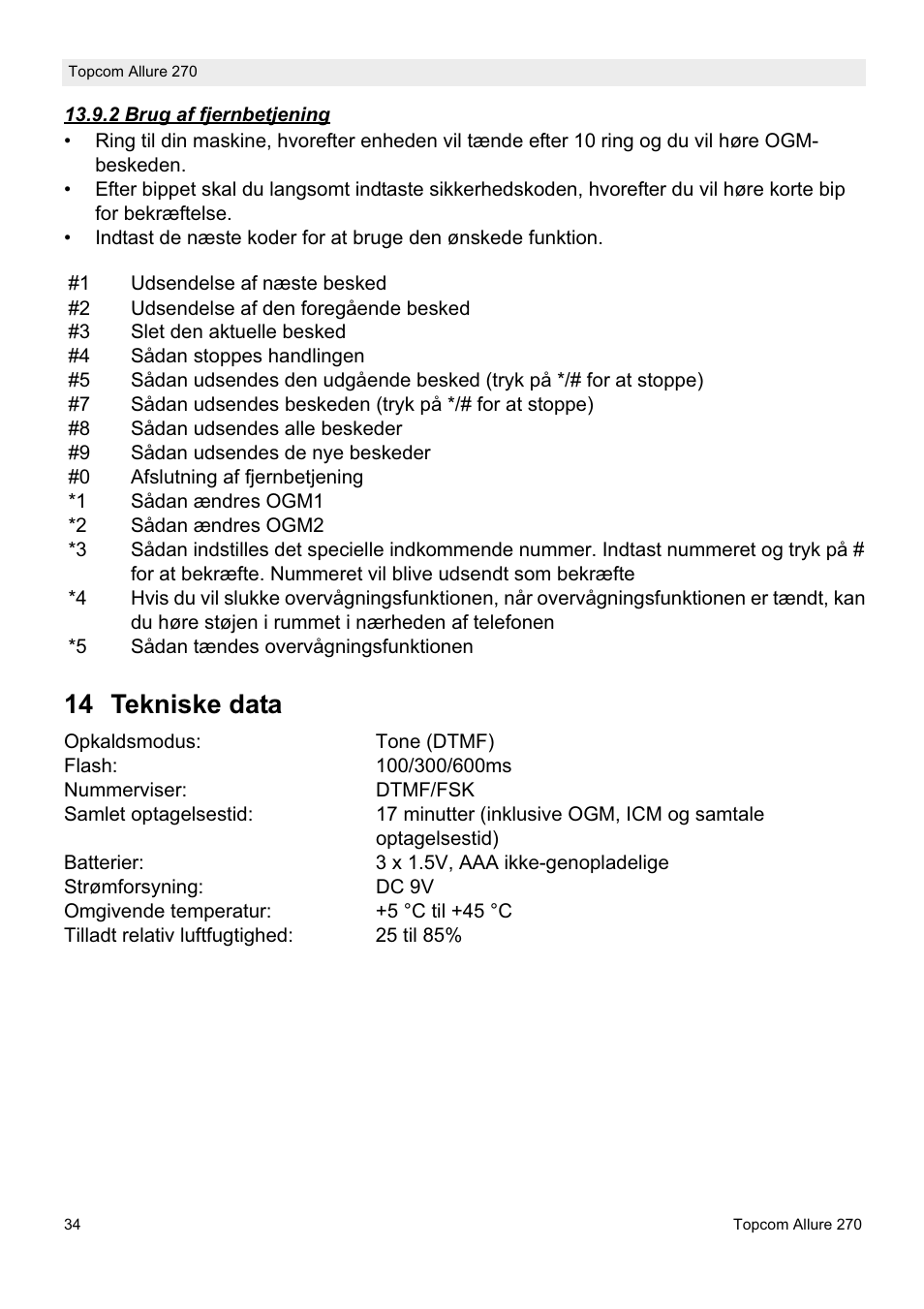14 tekniske data | Topcom ALLURE 270 User Manual | Page 34 / 88