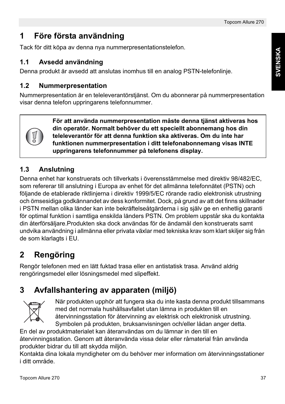 1före första användning, 2rengöring, 3avfallshantering av apparaten (miljö) | Topcom ALLURE 270 User Manual | Page 37 / 88