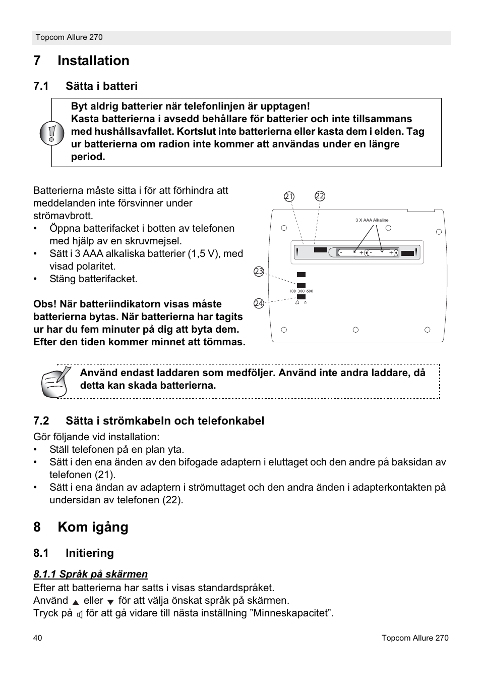 7installation, 8kom igång | Topcom ALLURE 270 User Manual | Page 40 / 88