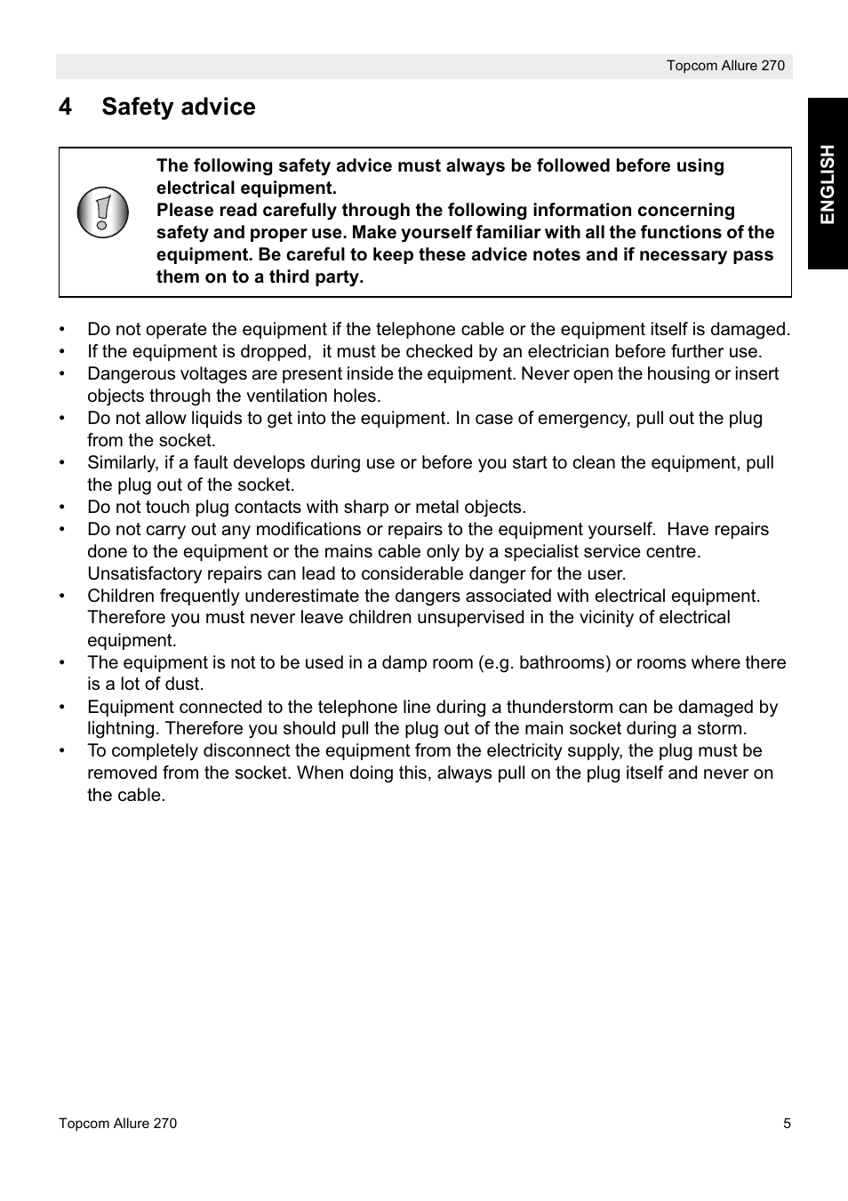 4safety advice | Topcom ALLURE 270 User Manual | Page 5 / 88