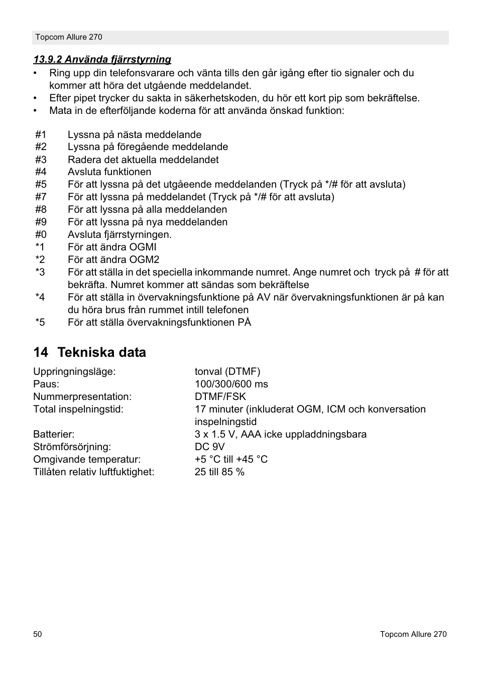 14 tekniska data | Topcom ALLURE 270 User Manual | Page 50 / 88