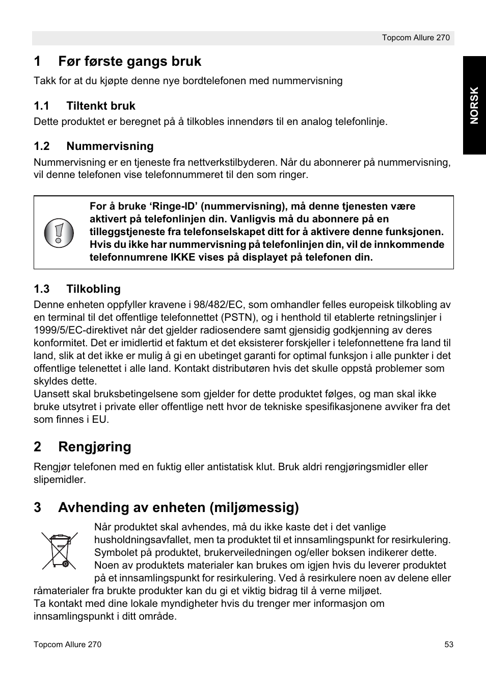 1før første gangs bruk, 2rengjøring, 3avhending av enheten (miljømessig) | Topcom ALLURE 270 User Manual | Page 53 / 88