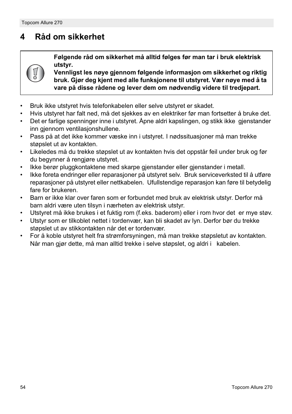 4råd om sikkerhet | Topcom ALLURE 270 User Manual | Page 54 / 88
