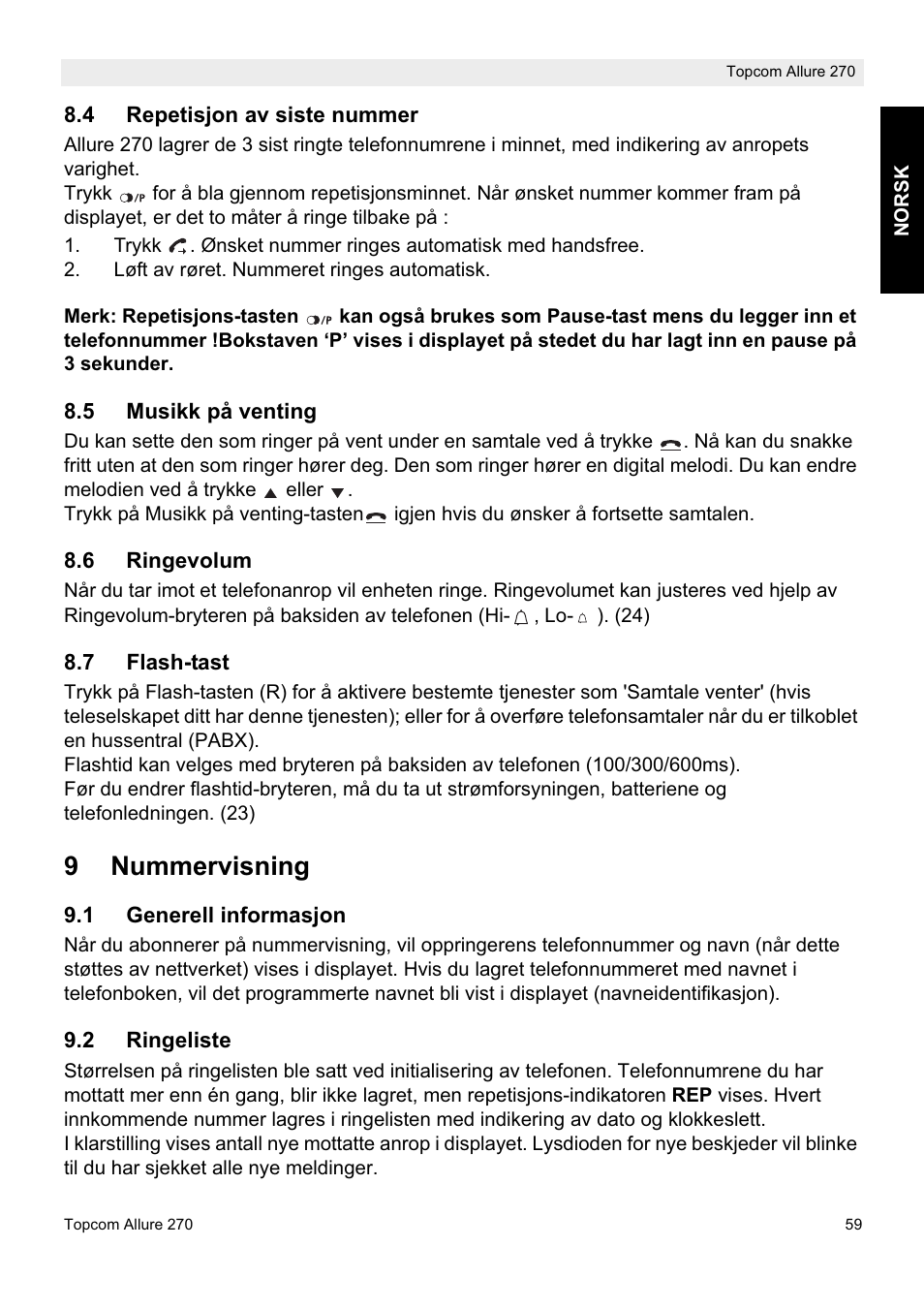 9nummervisning | Topcom ALLURE 270 User Manual | Page 59 / 88