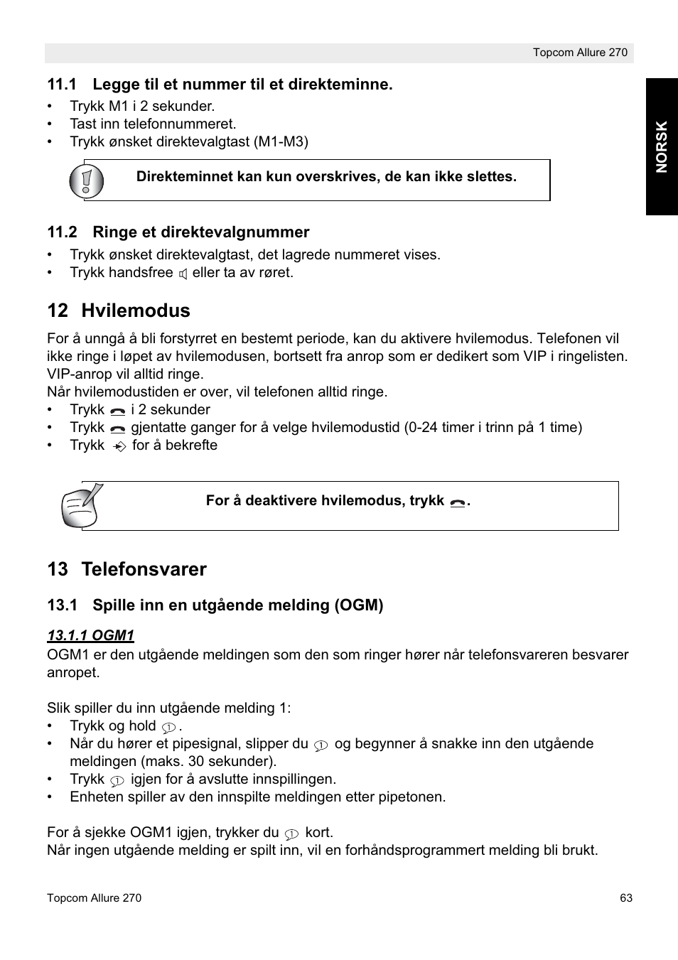 12 hvilemodus, 13 telefonsvarer | Topcom ALLURE 270 User Manual | Page 63 / 88