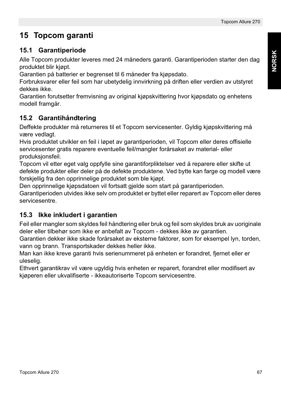 15 topcom garanti | Topcom ALLURE 270 User Manual | Page 67 / 88