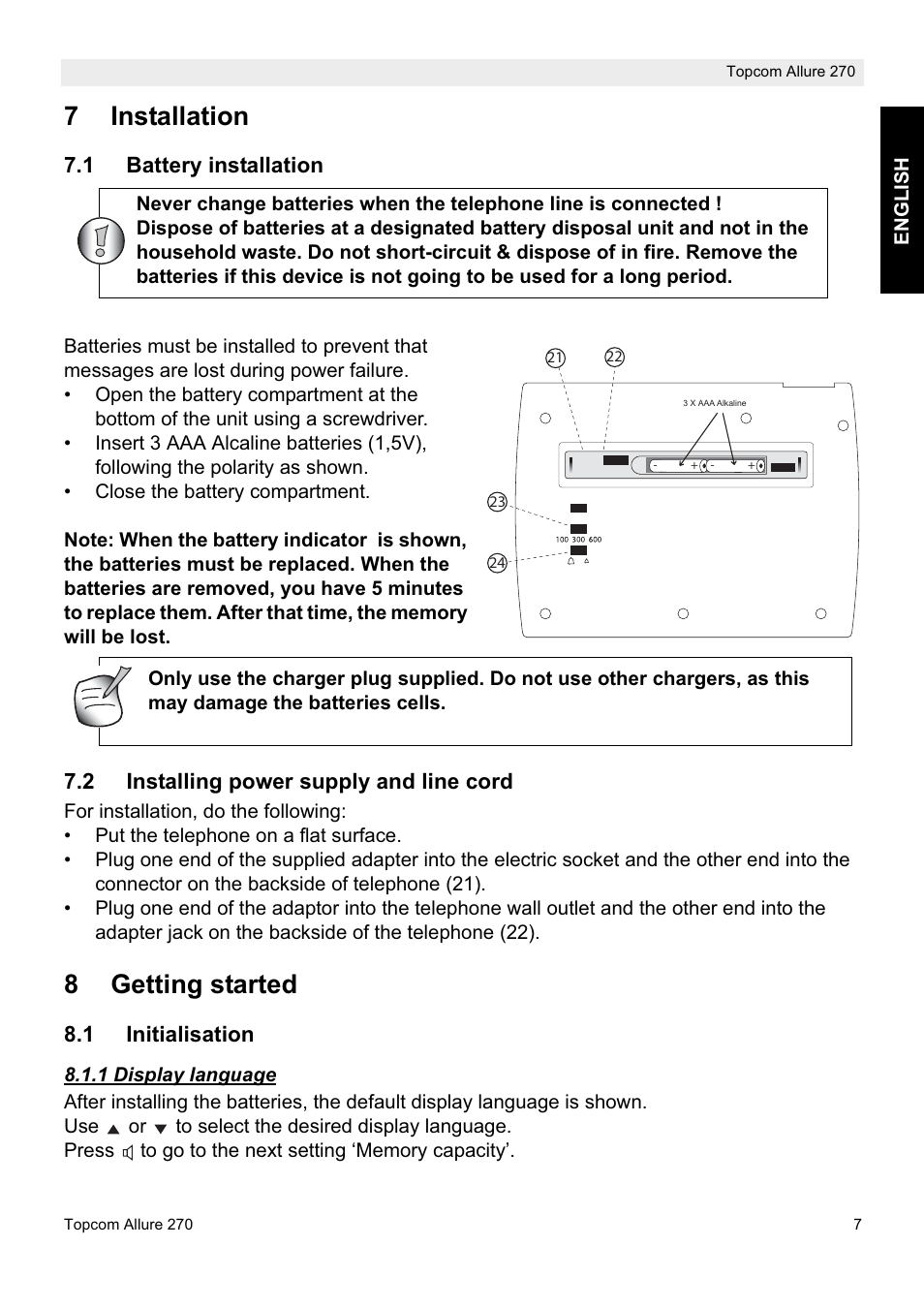 7installation, 8getting started | Topcom ALLURE 270 User Manual | Page 7 / 88