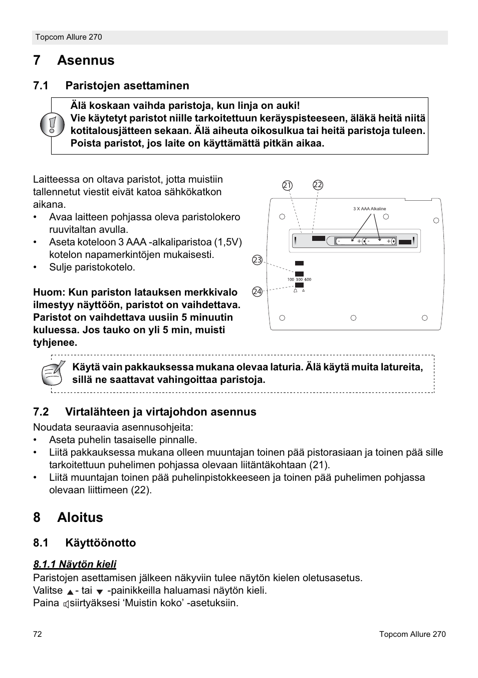 7asennus, 8aloitus | Topcom ALLURE 270 User Manual | Page 72 / 88