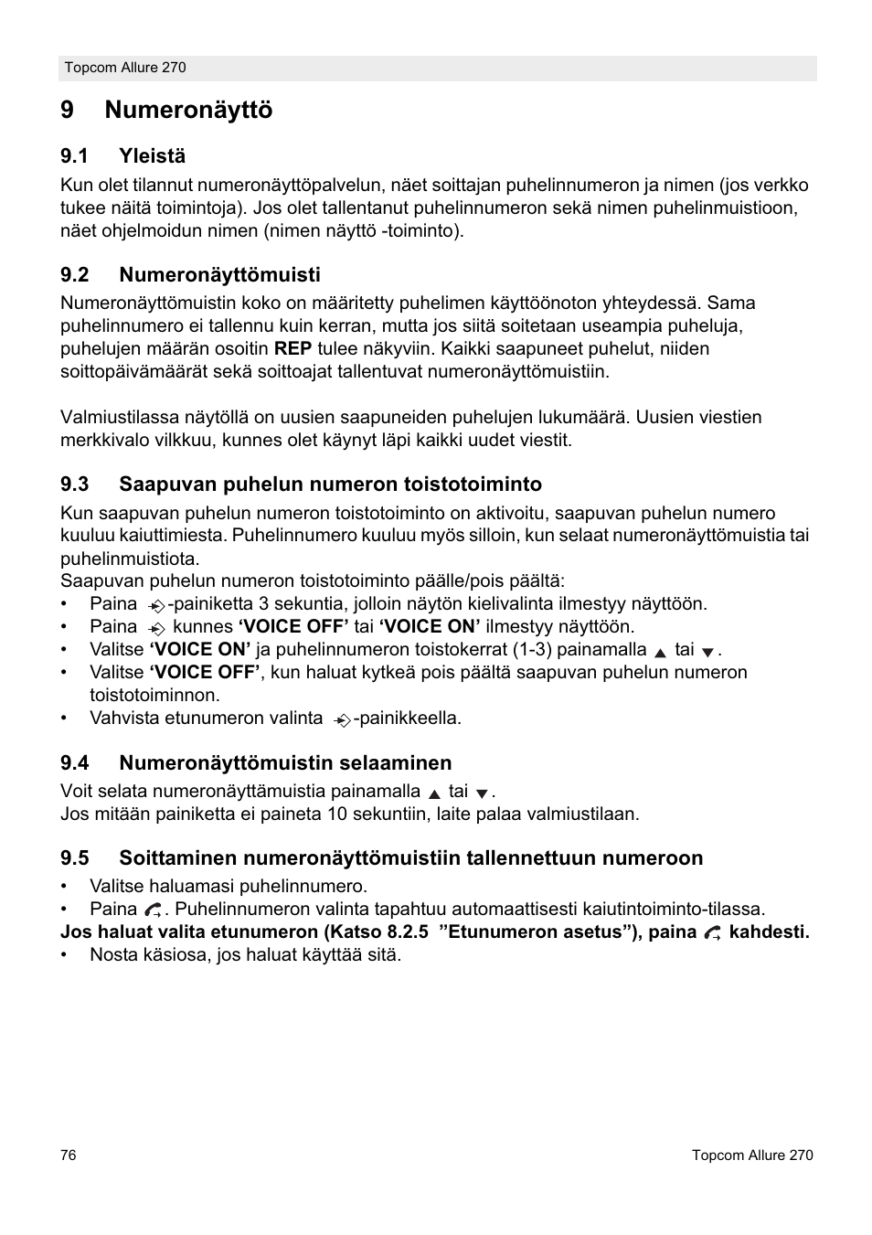 9numeronäyttö | Topcom ALLURE 270 User Manual | Page 76 / 88