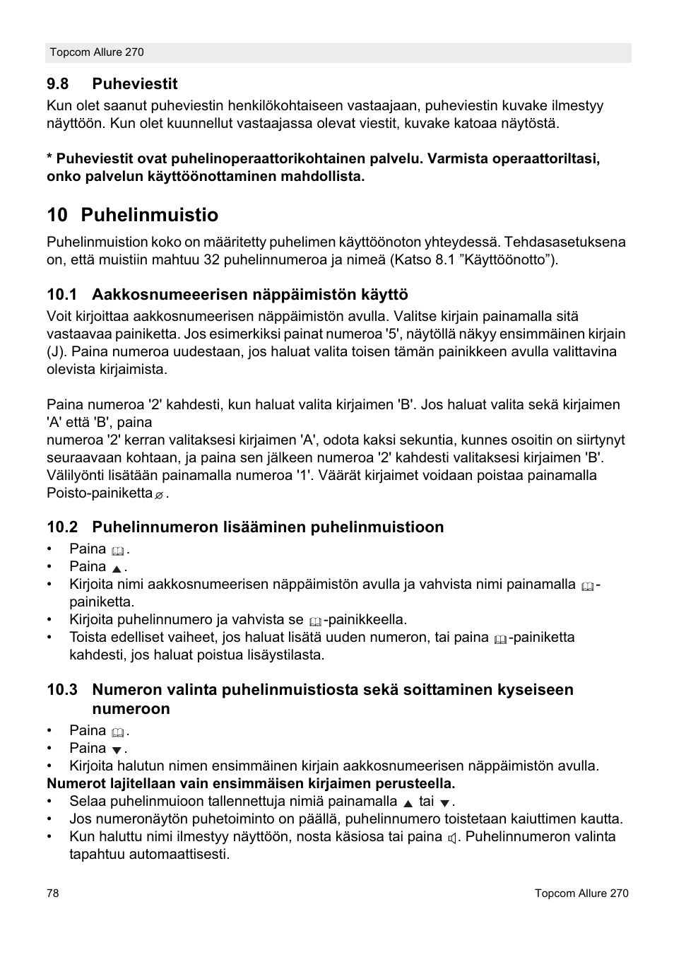 10 puhelinmuistio | Topcom ALLURE 270 User Manual | Page 78 / 88