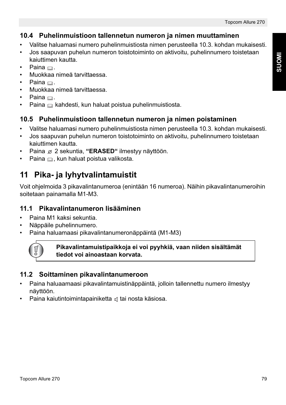 11 pika- ja lyhytvalintamuistit | Topcom ALLURE 270 User Manual | Page 79 / 88