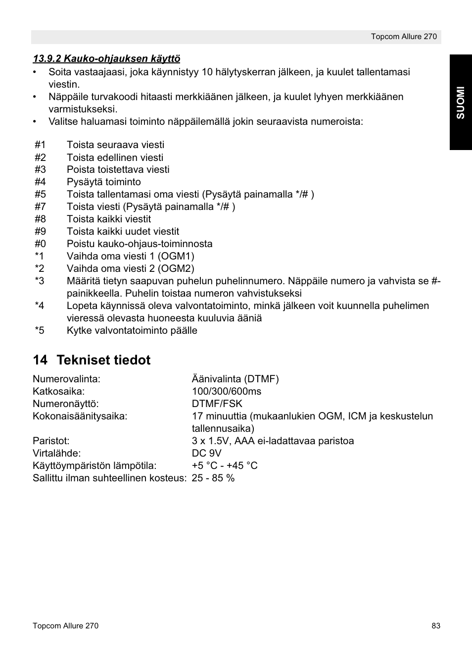 14 tekniset tiedot | Topcom ALLURE 270 User Manual | Page 83 / 88