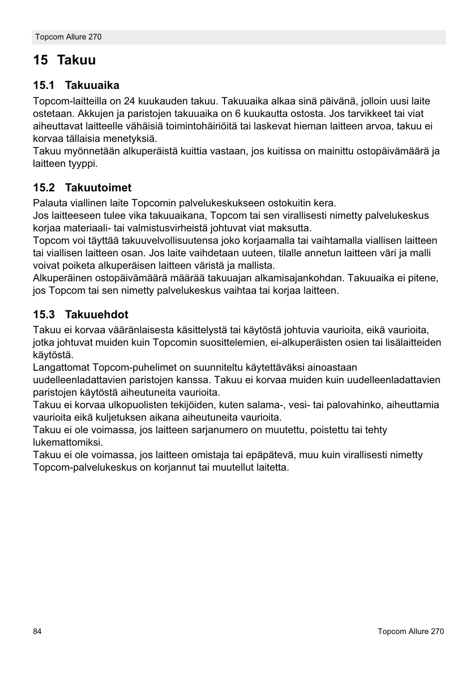 15 takuu | Topcom ALLURE 270 User Manual | Page 84 / 88