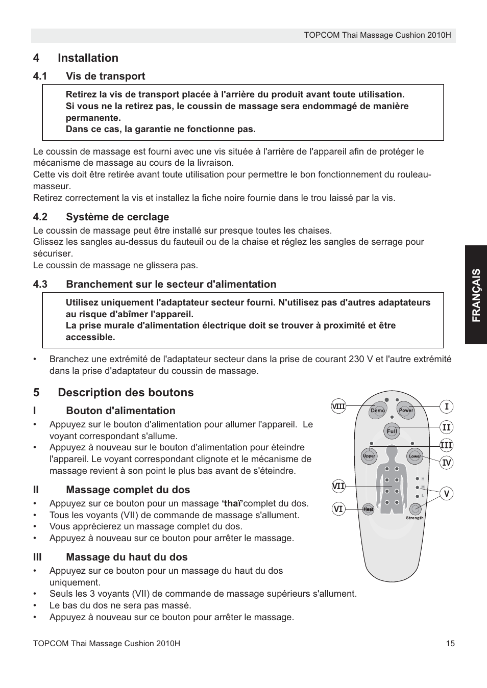 4installation, 5description des boutons | Topcom TMC-2010H User Manual | Page 15 / 72