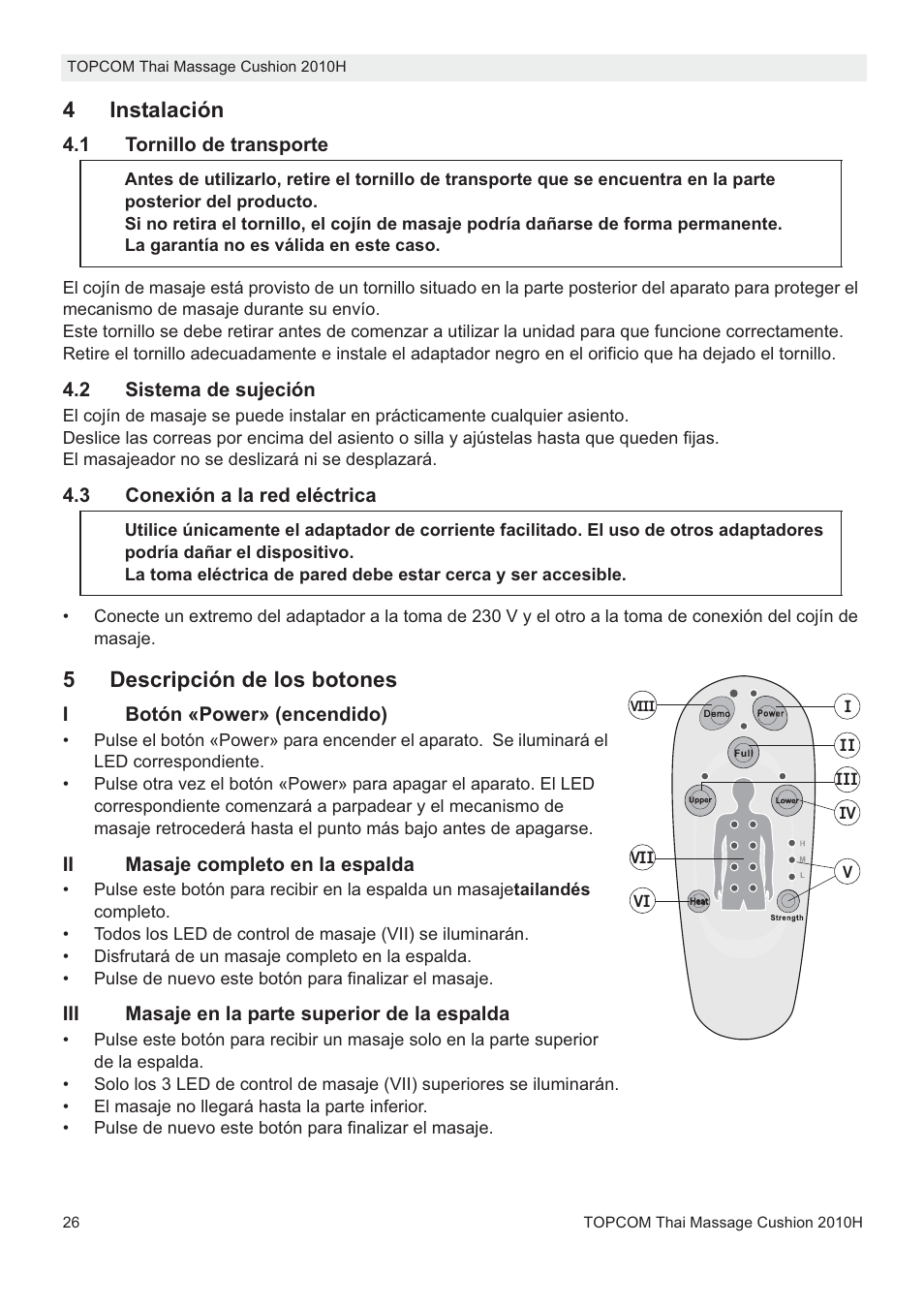 4instalación, 5descripción de los botones | Topcom TMC-2010H User Manual | Page 26 / 72