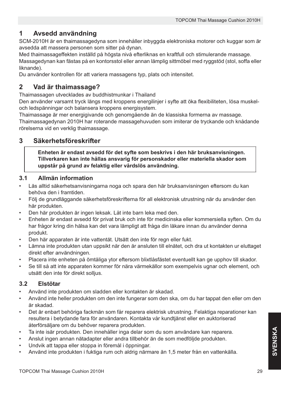 1avsedd användning, 2vad är thaimassage, 3säkerhetsföreskrifter | Topcom TMC-2010H User Manual | Page 29 / 72