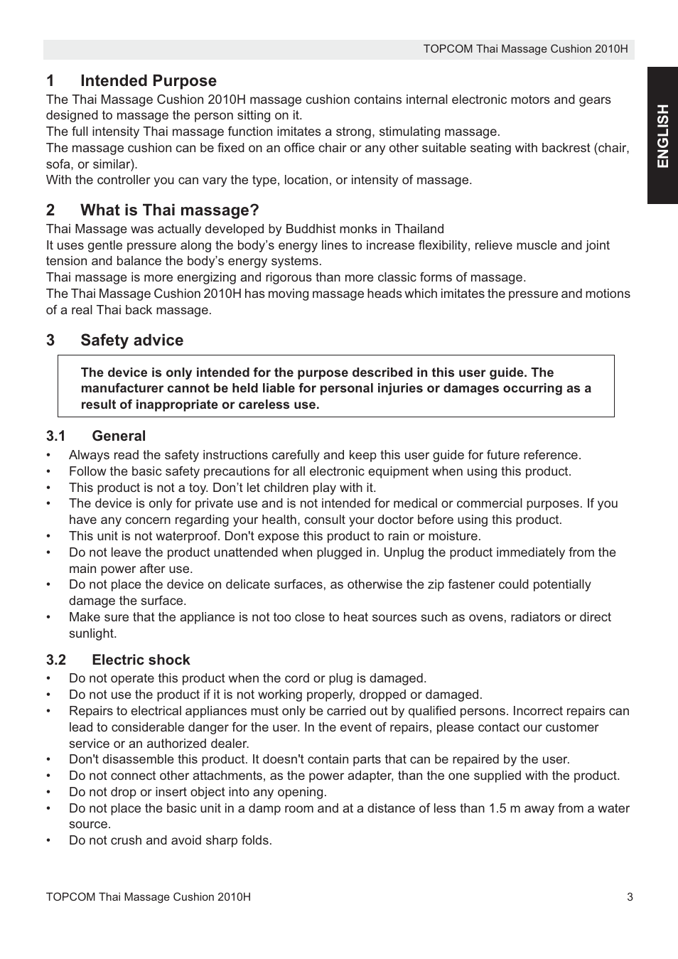 1intended purpose, 2what is thai massage, 3safety advice | Topcom TMC-2010H User Manual | Page 3 / 72