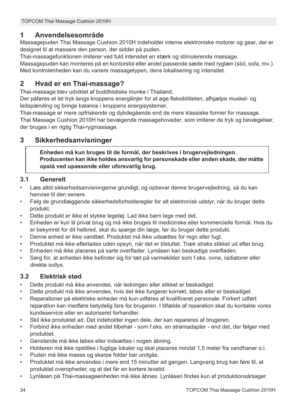 1anvendelsesområde, 2hvad er en thai-massage, 3sikkerhedsanvisninger | Topcom TMC-2010H User Manual | Page 34 / 72