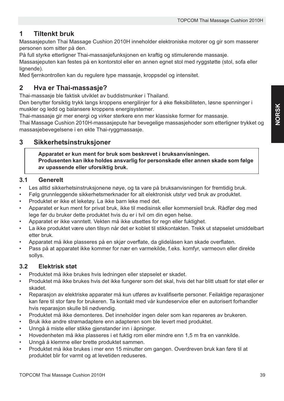 1tiltenkt bruk, 2hva er thai-massasje, 3sikkerhetsinstruksjoner | Topcom TMC-2010H User Manual | Page 39 / 72