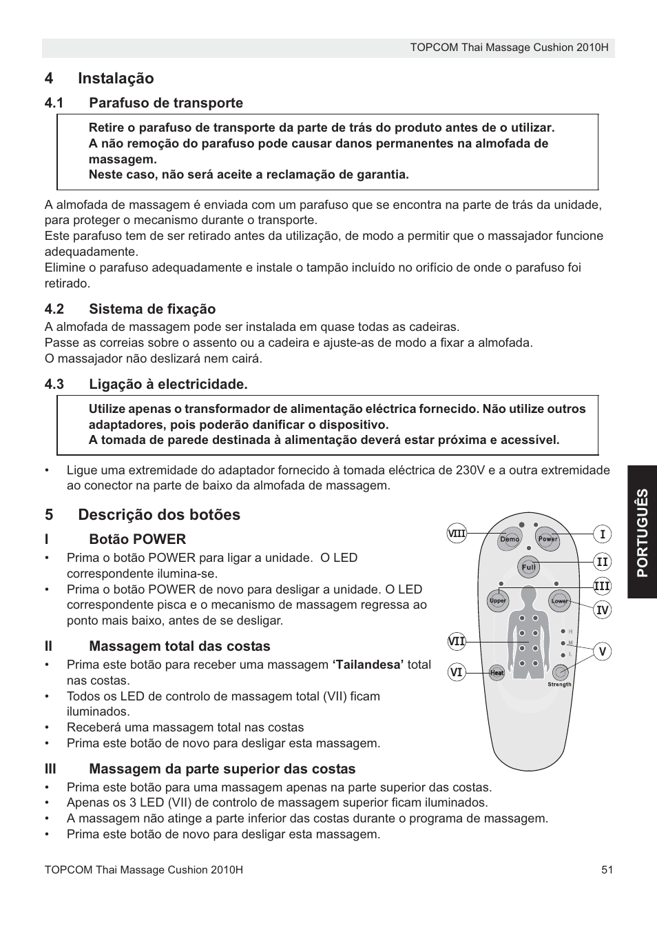 4instalação, 5descrição dos botões | Topcom TMC-2010H User Manual | Page 51 / 72