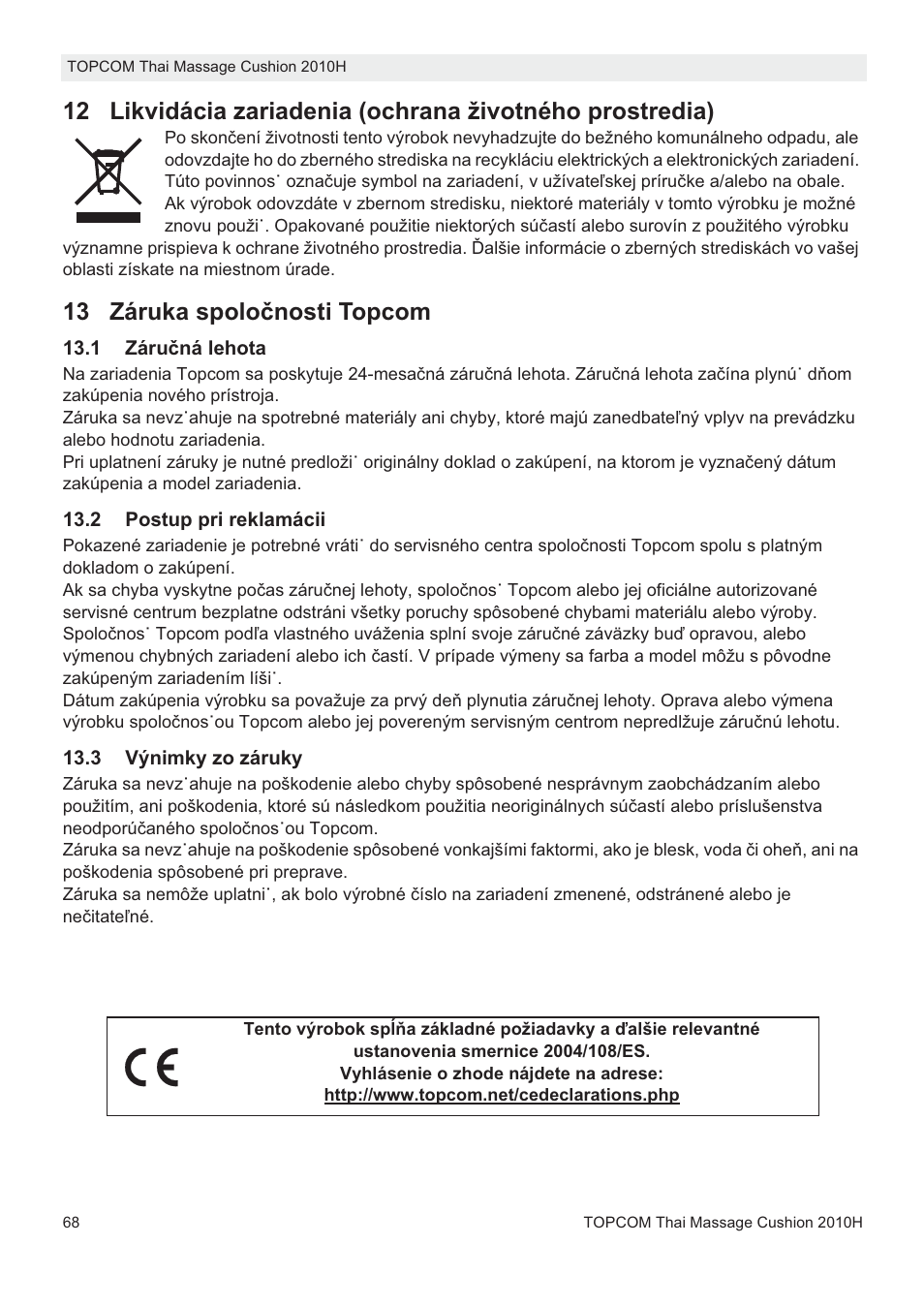 13 záruka spoloþnosti topcom | Topcom TMC-2010H User Manual | Page 68 / 72